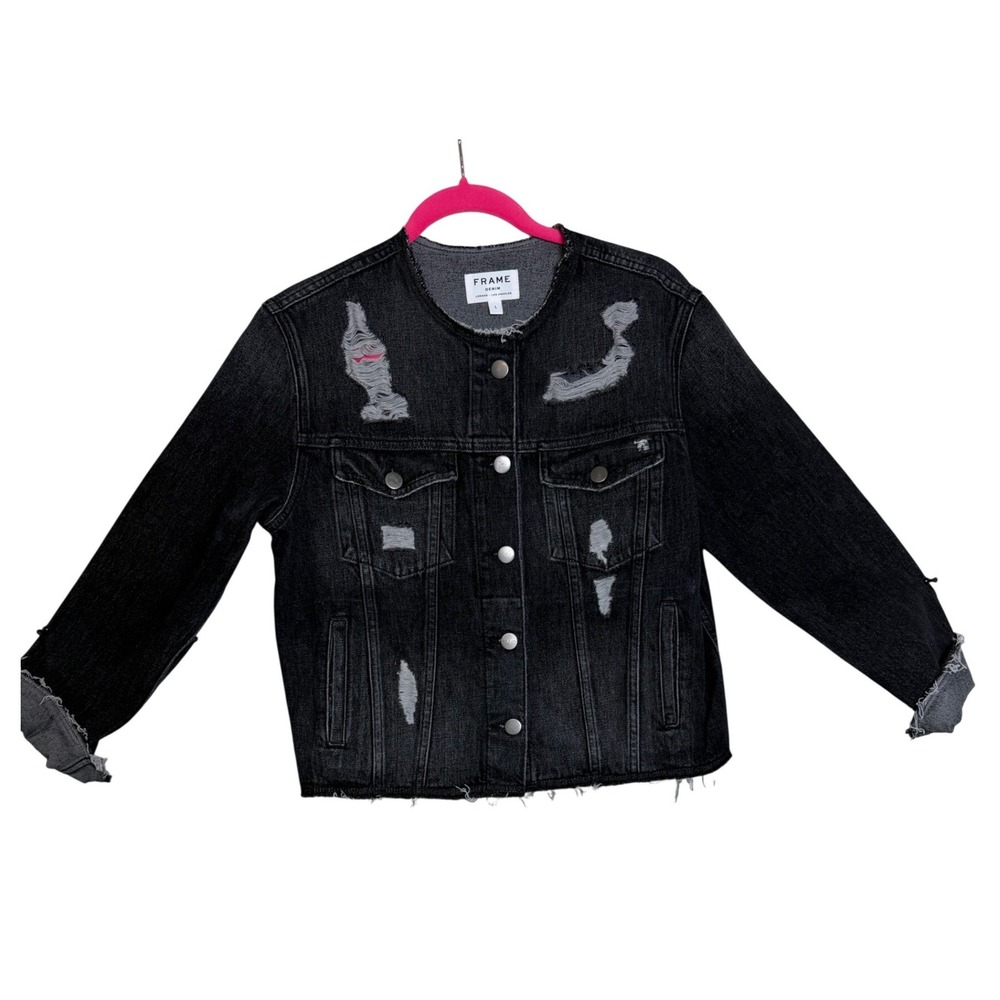 FRAME Denim Distressed Jacket Womens Large Black Collarless Raw Hem Trucker